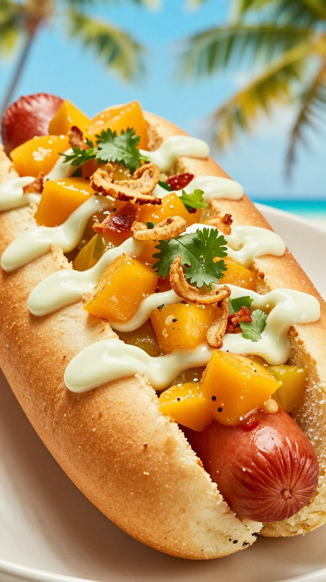 Spicy Mango Habanero Dog with Crispy Shallots