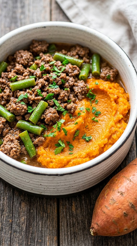 Ground Beef, Green Beans & Sweet Potato Mash